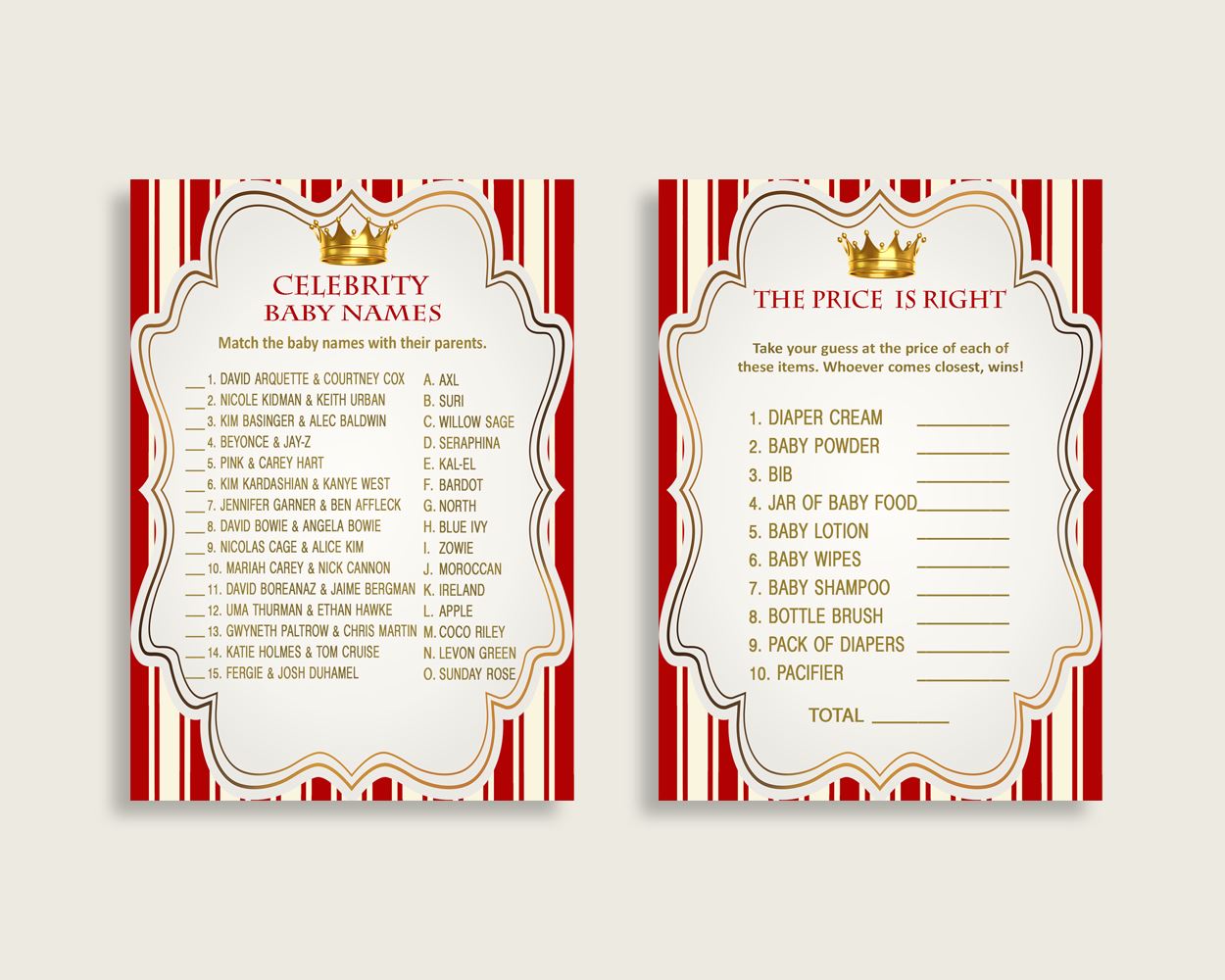 Prince Baby Shower Games Printable Pack, Red Gold Baby Shower Games Package Boy, Prince Games Bundle Set, Instant Download, Cute Theme 92EDX