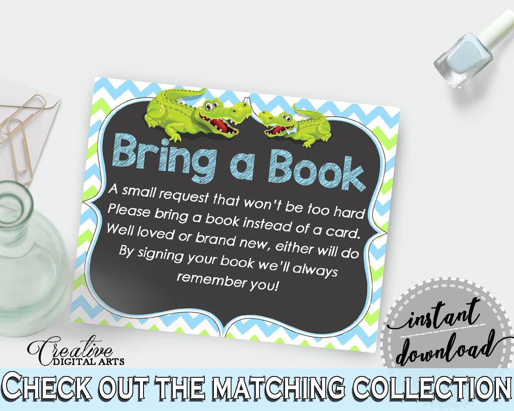 Baby shower BRING A BOOK insert cards printable for baby shower with green alligator and blue color theme, instant download - ap002