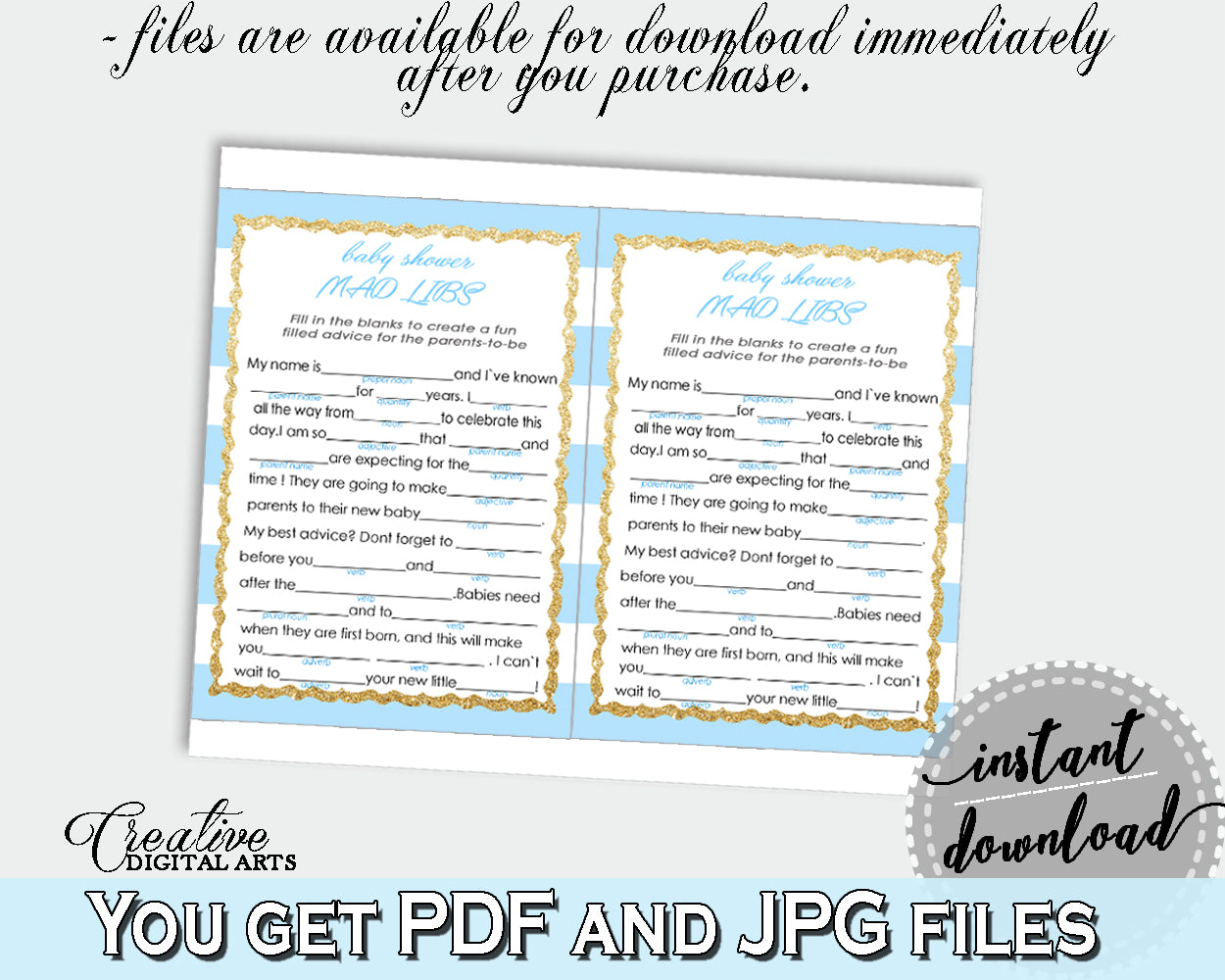 MAD LIBS baby shower printable game with blue and white stripes, gold glitter digital Jpg Pdf, instant download - bs002