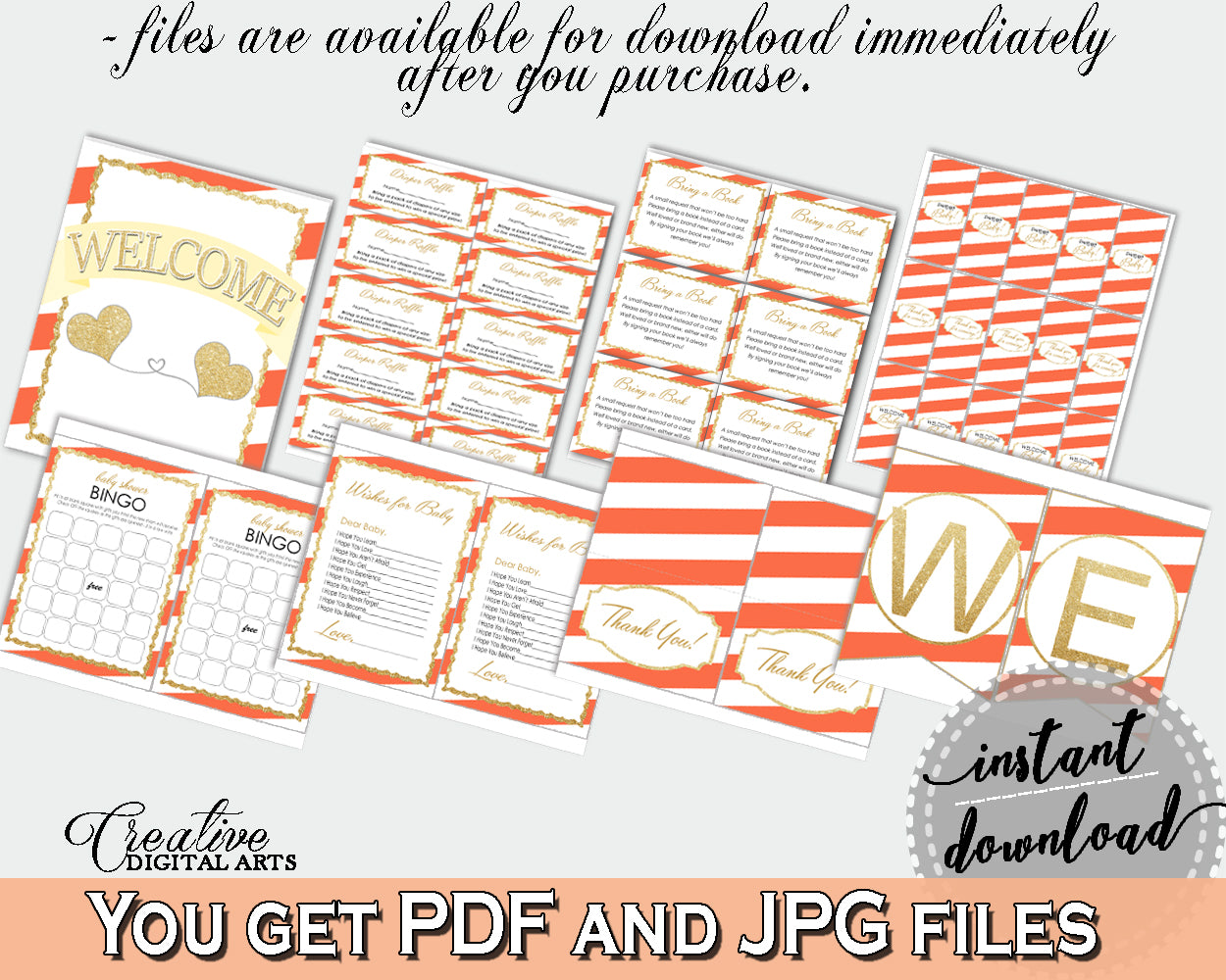 Orange Baby Shower Decorations package Stripes bundle glitter printable, baby shower girl, digital Jpg Pdf - Instant Download - bs003