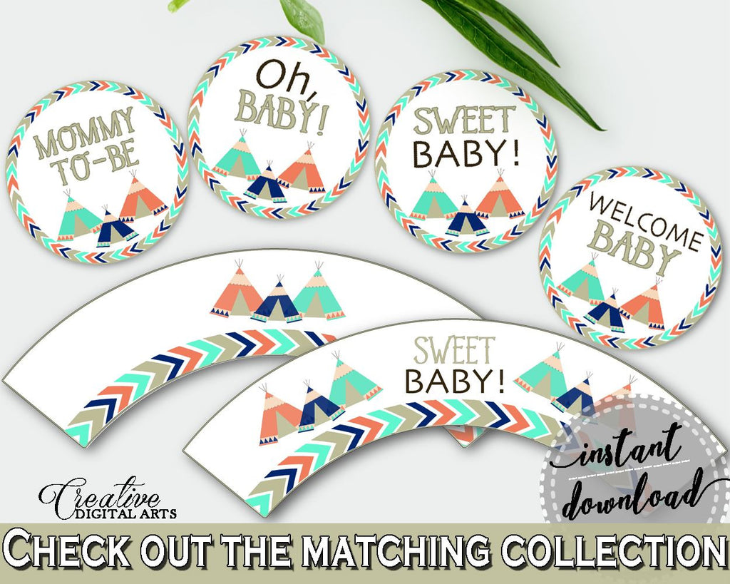 Cupcake Toppers And Wrappers Baby Shower Cupcake Toppers And Wrappers Tribal Teepee Baby Shower Cupcake Toppers And Wrappers Baby KS6AW - Digital Product