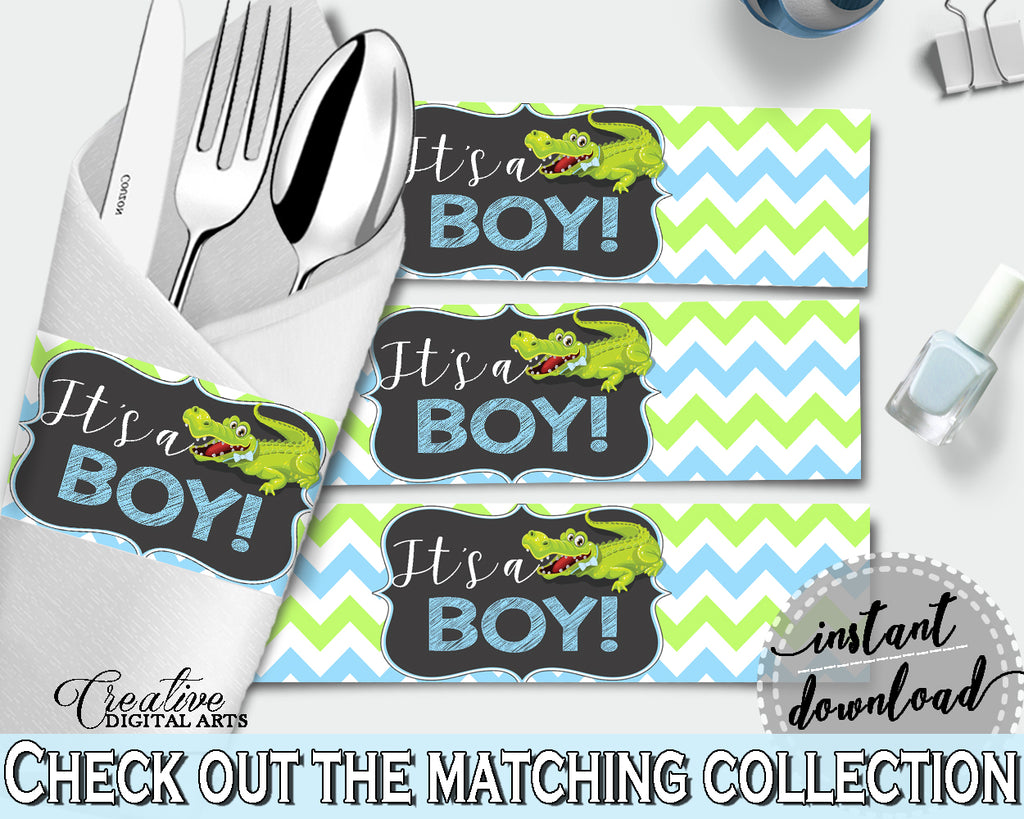 Baby shower NAPKIN RINGS printable with green alligator and blue color theme, instant download - ap002