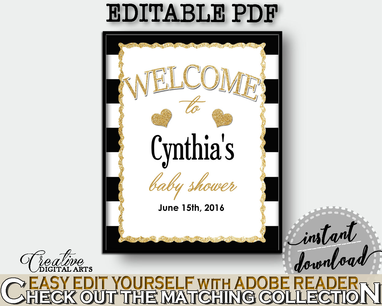 Baby Shower WELCOME sign editable with black stripes color theme printable, glitter gold, digital files, pdf jpg, instant download - bs001