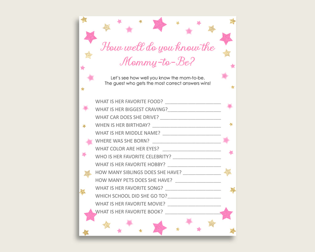 Pink Gold How Well Do You Know Mommy Game, Twinkle Star Baby Shower Girl, Who Knows Mommy Best Printable, Cute Stars Most Popular bsg01