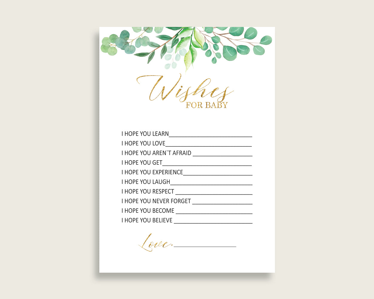 Green Gold Wishes For Baby Cards & Sign, Greenery Baby Shower Gender Neutral Well Wishes Game Printable, Instant Download, Spring Y8X33