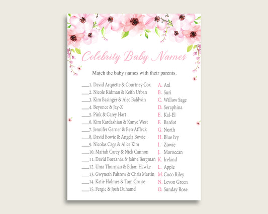 Pink Green Celebrity Baby Names, Flower Blush Baby Shower Girl Name Game Printable, Celebrity Match Game, Famous Babies Game VH1KL