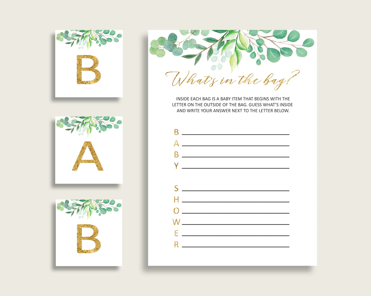 Greenery Baby Shower What's In The Bag Game, Green Gold Gender Neutral Bag Game Printable, Instant Download, Botanical Floral Y8X33