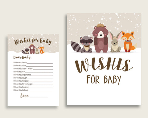 Beige Brown Wishes For Baby Cards & Sign, Winter Woodland Baby Shower Gender Neutral Well Wishes Game Printable, Instant Download, RM4SN