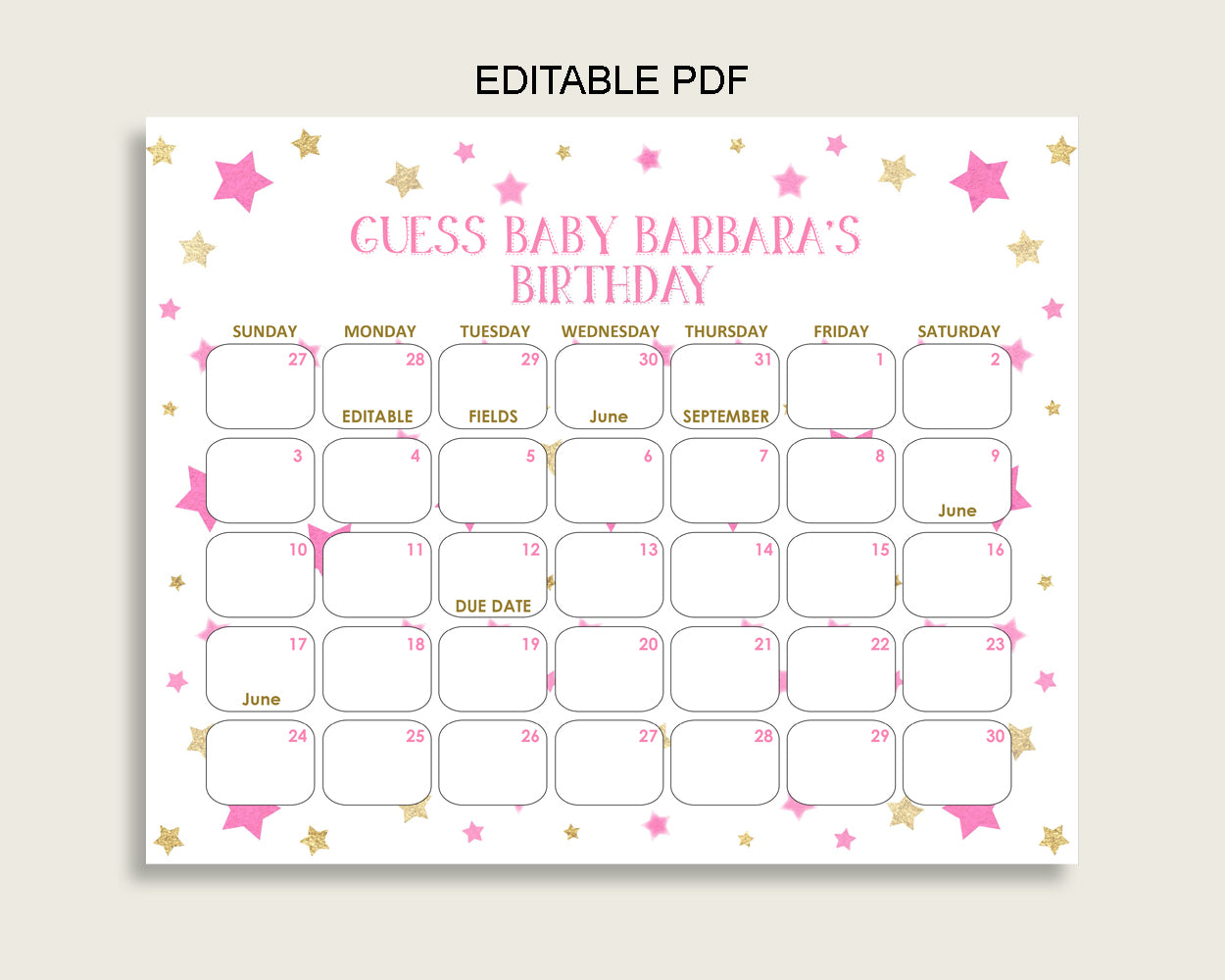 Pink Gold Guess Baby Due Date Calendar Game Printable, Twinkle Star Baby Shower Girl Birthday Prediction Calendar Editable, Instant bsg01