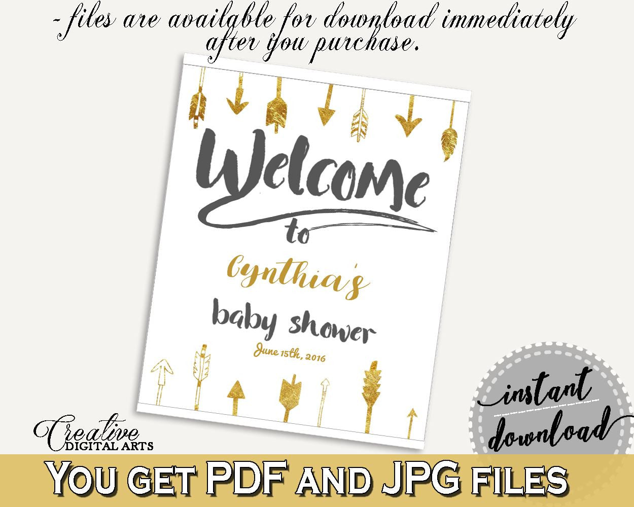 Welcome Sign Baby Shower Welcome Sign Gold Arrows Baby Shower Welcome Sign Baby Shower Gold Arrows Welcome Sign Gold White - I60OO - Digital Product