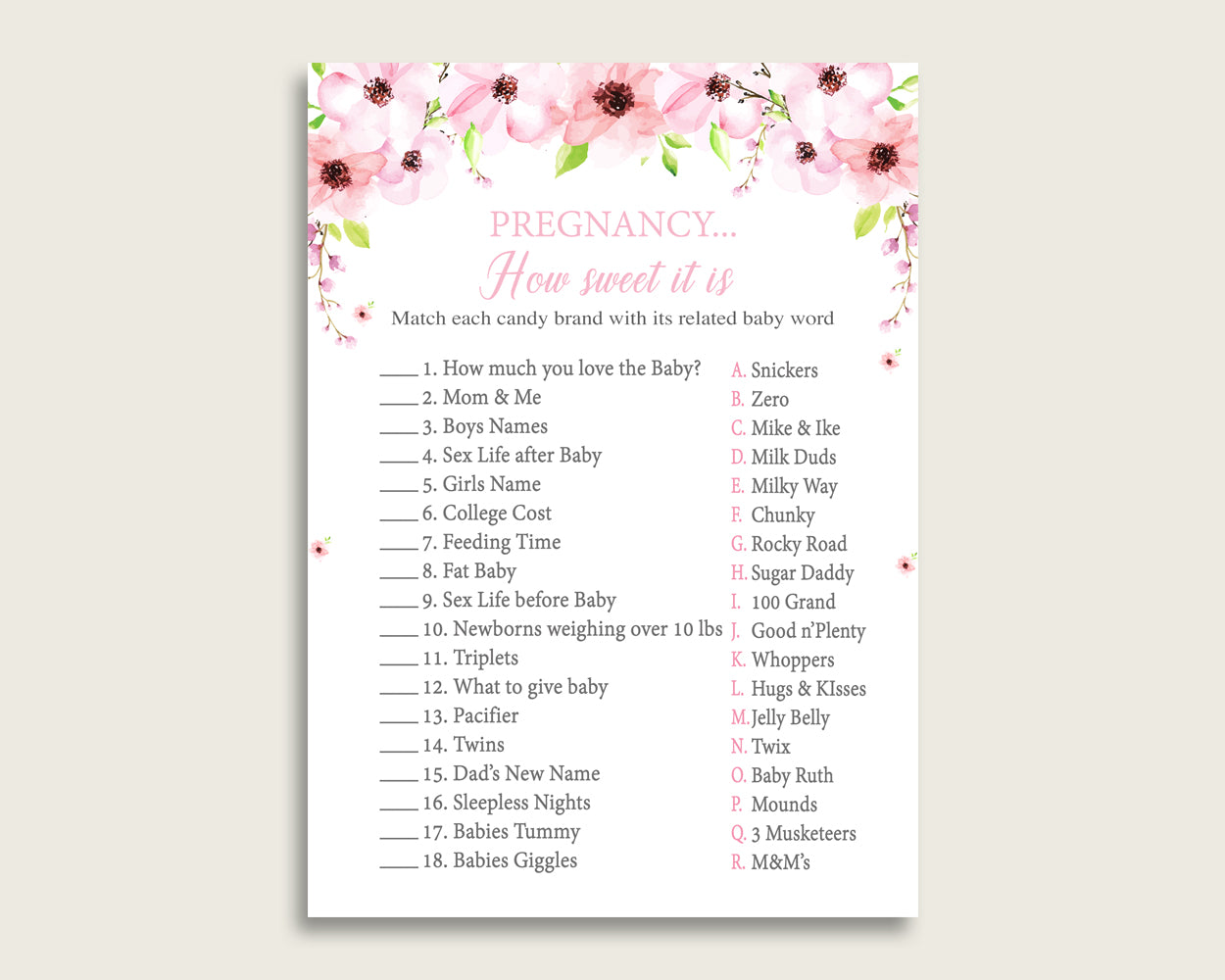 Pink Green Pregnancy How Sweet It Is Game, Flower Blush Baby Shower Girl, Printable Candy Bar Match Game, Instant Download, Watercolor VH1KL