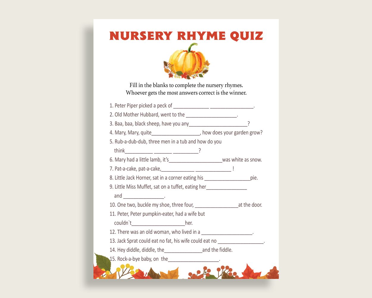 Nursery Rhyme Quiz Baby Shower Nursery Rhyme Quiz Fall Baby Shower Nursery Rhyme Quiz Baby Shower Pumpkin Nursery Rhyme Quiz Orange BPK3D - Digital Product