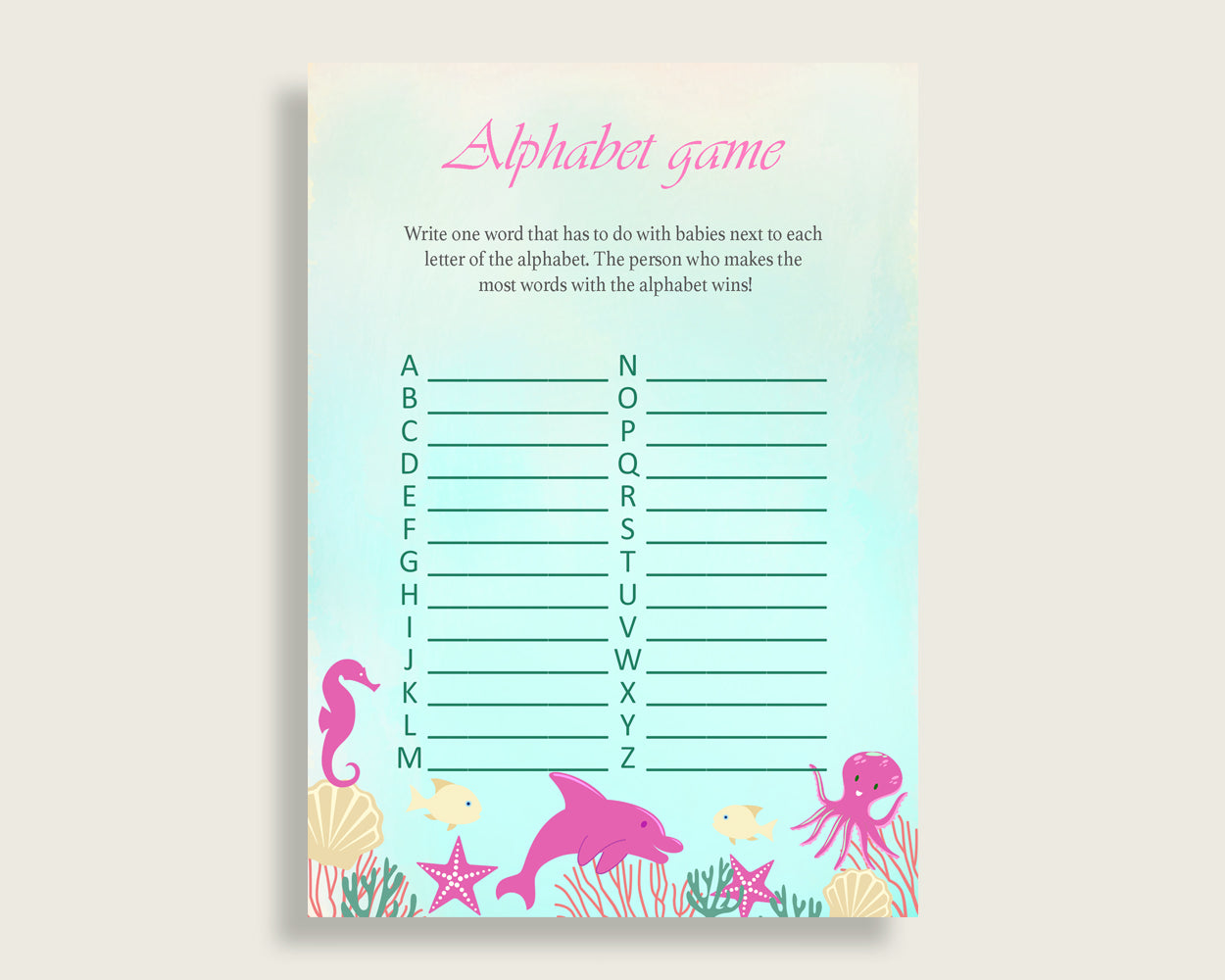 Pink Green Alphabet Baby Shower Girl Game, Under The Sea A-Z Guessing Baby Game Printable, ABC's Baby Item Name Game, Instant uts01