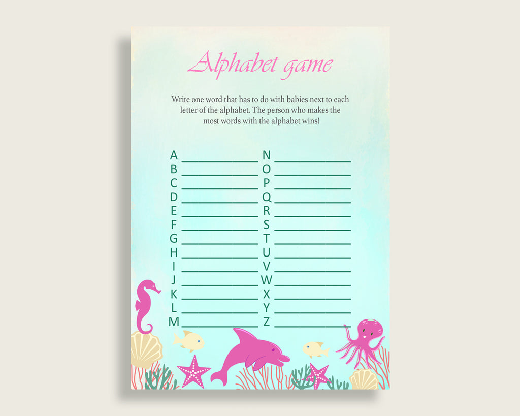 Pink Green Alphabet Baby Shower Girl Game, Under The Sea A-Z Guessing Baby Game Printable, ABC's Baby Item Name Game, Instant uts01