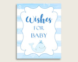 Blue White Wishes For Baby Cards & Sign, Whale Baby Shower Boy Well Wishes Game Printable, Instant Download, Watercolor Stripes Light wbl01