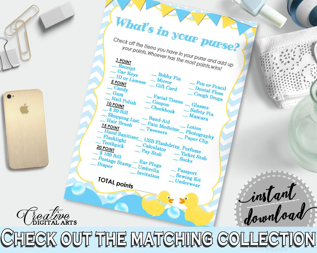 Rubber Duckie Baby Shower Pretty Whats In Purse Purse Game WHATS IN YOUR Purse, Shower Activity, Party Organising - rd002 - Digital Product