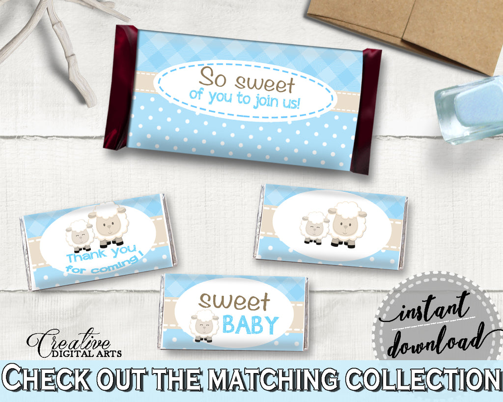 Little Lamb Baby shower boy CANDY BAR wrappers and labels blue printable sheep theme, digital files, Jpg Pdf, instant download - fa001