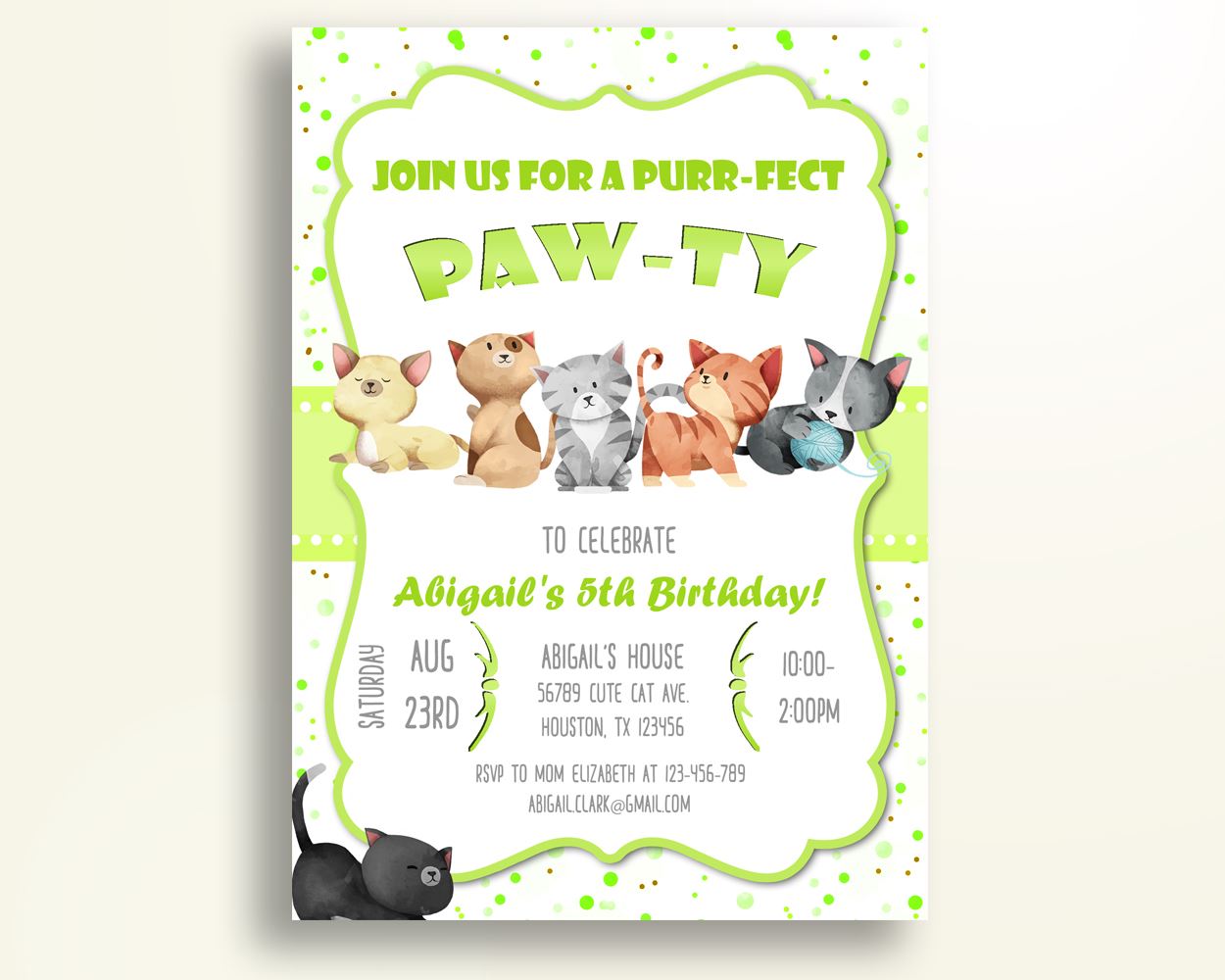 Cat Birthday Invite Cat Birthday Party Invite Cat Birthday Party Cat Invite Boy Girl invite for girl green and white kitten paw WUKOS - Digital Product