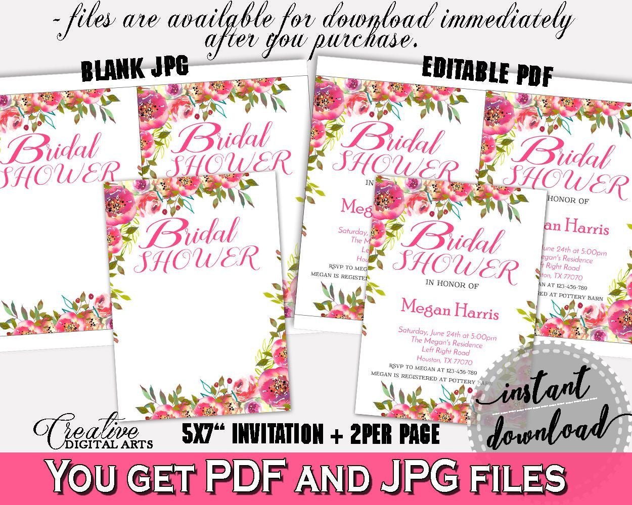 Invitation Bridal Shower Invitation Spring Flowers Bridal Shower Invitation Bridal Shower Spring Flowers Invitation Pink Green instant UY5IG - Digital Product