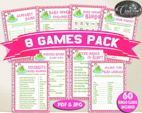 Frog Baby Shower Games, girl baby shower games, baby shower games printable, pink dots games, jpg pdf, digital, Instant Download - bsf01 - Digital Product