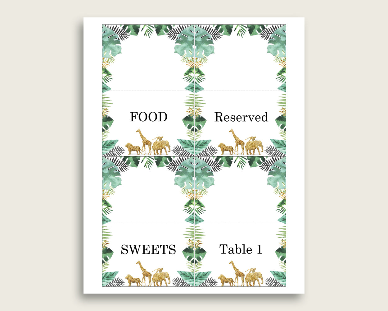 Jungle Folded Food Tent Cards Printable, Gold Green Editable Pdf Buffet Labels, Gender Neutral Baby Shower Food Place Cards, Instant EJRED