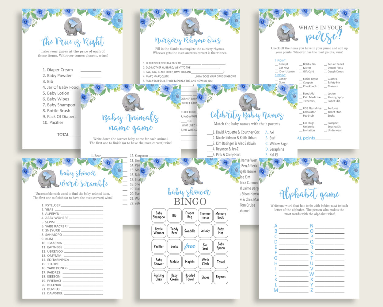 Elephant Blue Baby Shower Games Printable Pack, Blue Gray Baby Shower Games Package Boy, Elephant Blue Games Bundle Set, Instant ebl01