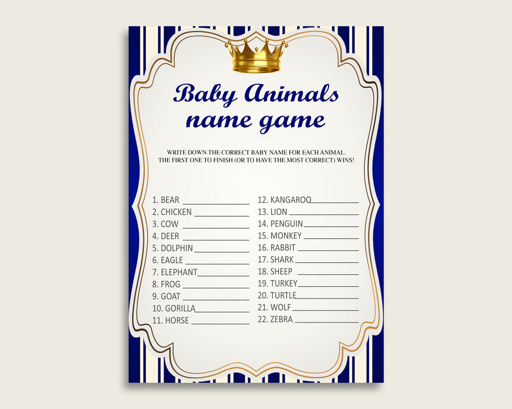 Royal Prince Name The Baby Animals Game Printable, Blue Gold Baby Shower Animal Game, Boy Baby Shower, Instant Download, Royal Blue, rp001