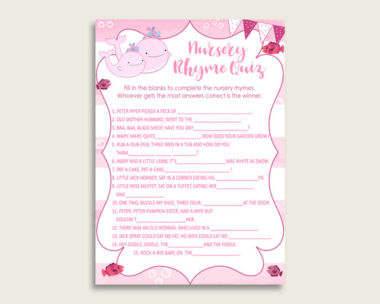 Pink Whale Nursery Rhyme Quiz Printable, Pink White Nursery Rhyme Game, Pink White Baby Shower Girl Activities, Instant Download, wbl02