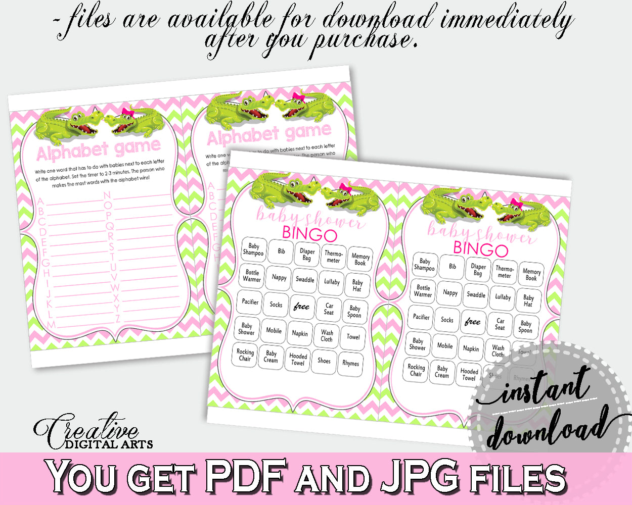 Pink and Green Baby Shower games package bundle printable with Green Alligator Crocodile for girl - Instant Download - ap001