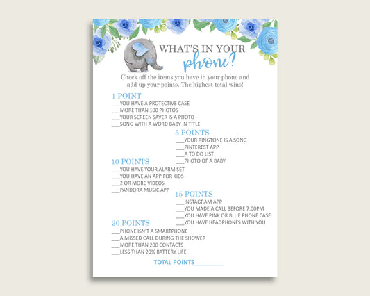 Blue Gray What's In Your Phone Game, Elephant Blue Baby Shower Boy, What's In Your Cell Phone Printable, Instant Download, Mammoth ebl01