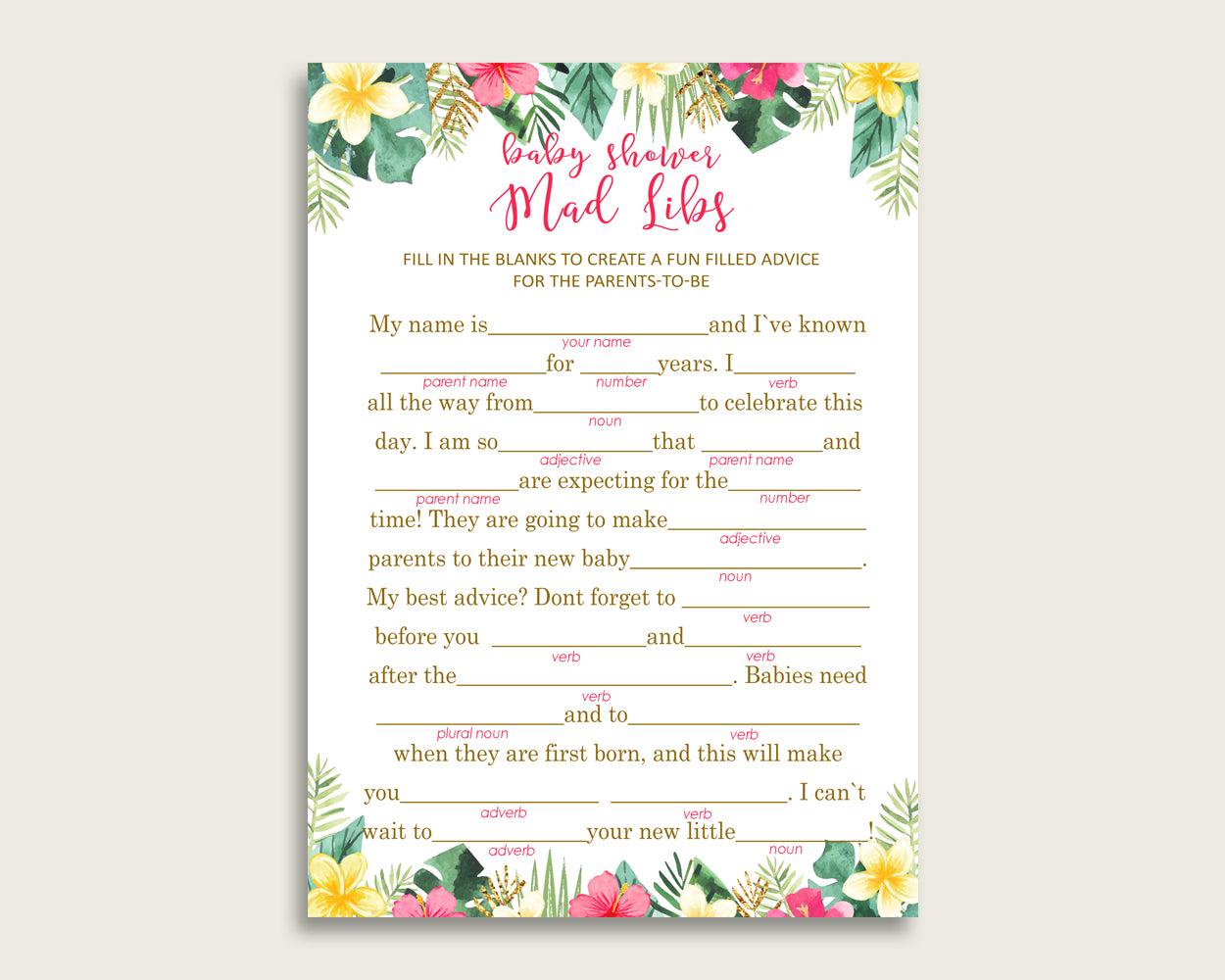 Pink Green Mad Libs Baby Shower Girl Game Printable, Hawaiian Mad Libs Fun Activity, DIY digital file, Summer Theme Palm Leaves 955MG