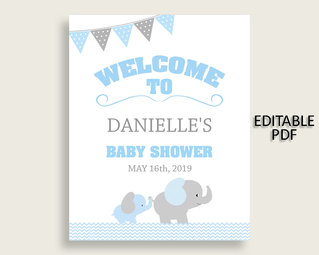 Blue Grey Elephant Baby Shower Welcome Sign Printable, Party Large Sign, Editable Welcome Sign Boy, Yard Sign, Instant Download, ebl02