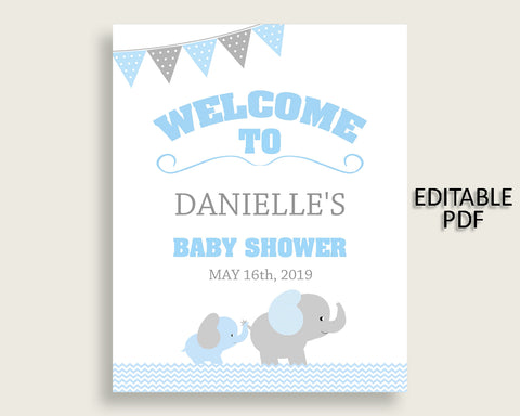 Blue Grey Elephant Baby Shower Welcome Sign Printable, Party Large Sign, Editable Welcome Sign Boy, Yard Sign, Instant Download, ebl02
