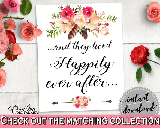 Pink And Red Bohemian Flowers Bridal Shower Theme: Happily Ever After Sign - happy sign, feather and flowers, party décor, prints - 06D7T - Digital Product