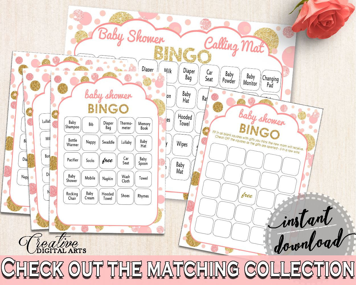 Pink Gold Bingo 60 Cards, Baby Shower Bingo 60 Cards, Dots Baby Shower Bingo 60 Cards, Baby Shower Dots Bingo 60 Cards - RUK83 - Digital Product