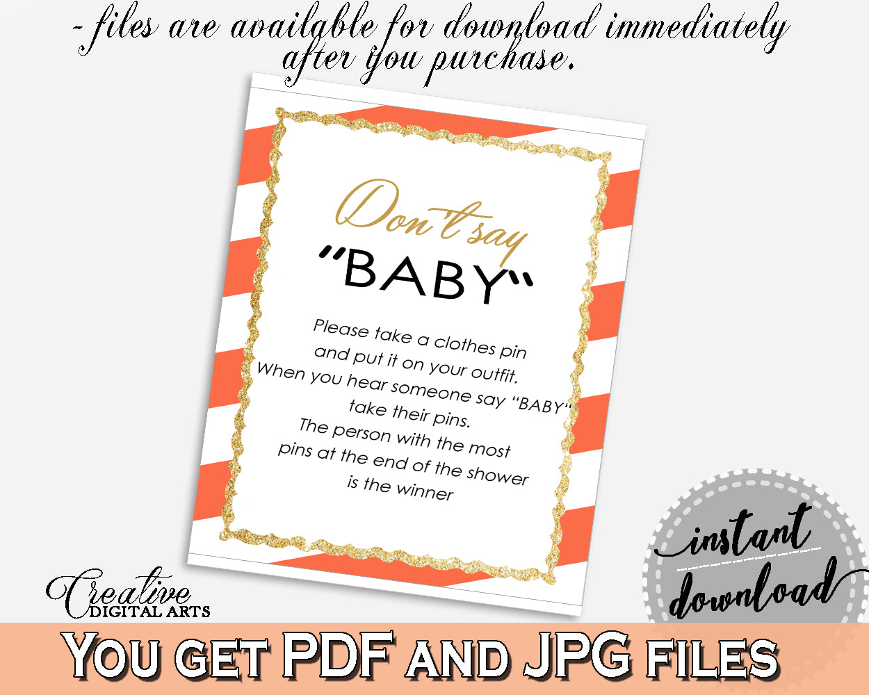 DON'T SAY BABY printable, baby shower game orange striped theme printable glitter gold, digital files, Jpg Pdf, instant download - bs003