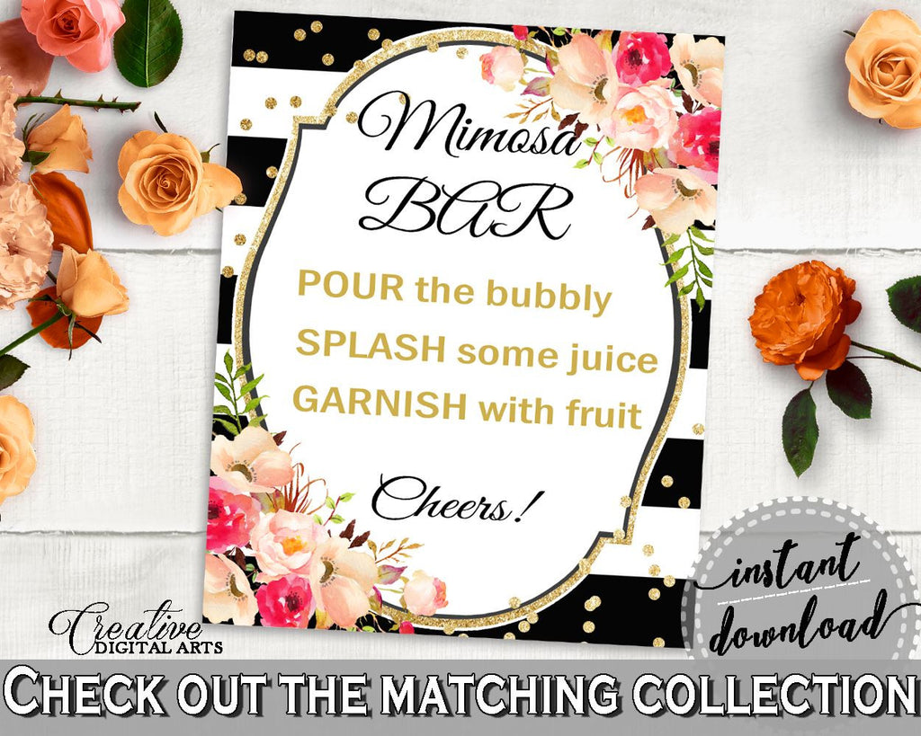 Mimosa Bar Sign in Flower Bouquet Black Stripes Bridal Shower Black And Gold Theme, splash juice, gold details, customizable files - QMK20 - Digital Product