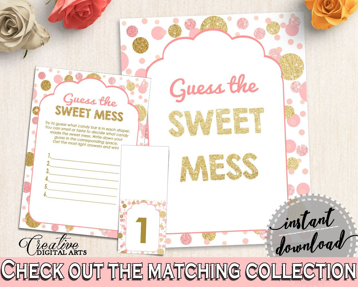 Sweet Mess, Baby Shower Sweet Mess, Dots Baby Shower Sweet Mess, Baby Shower Dots Sweet Mess Pink Gold prints - RUK83 - Digital Product