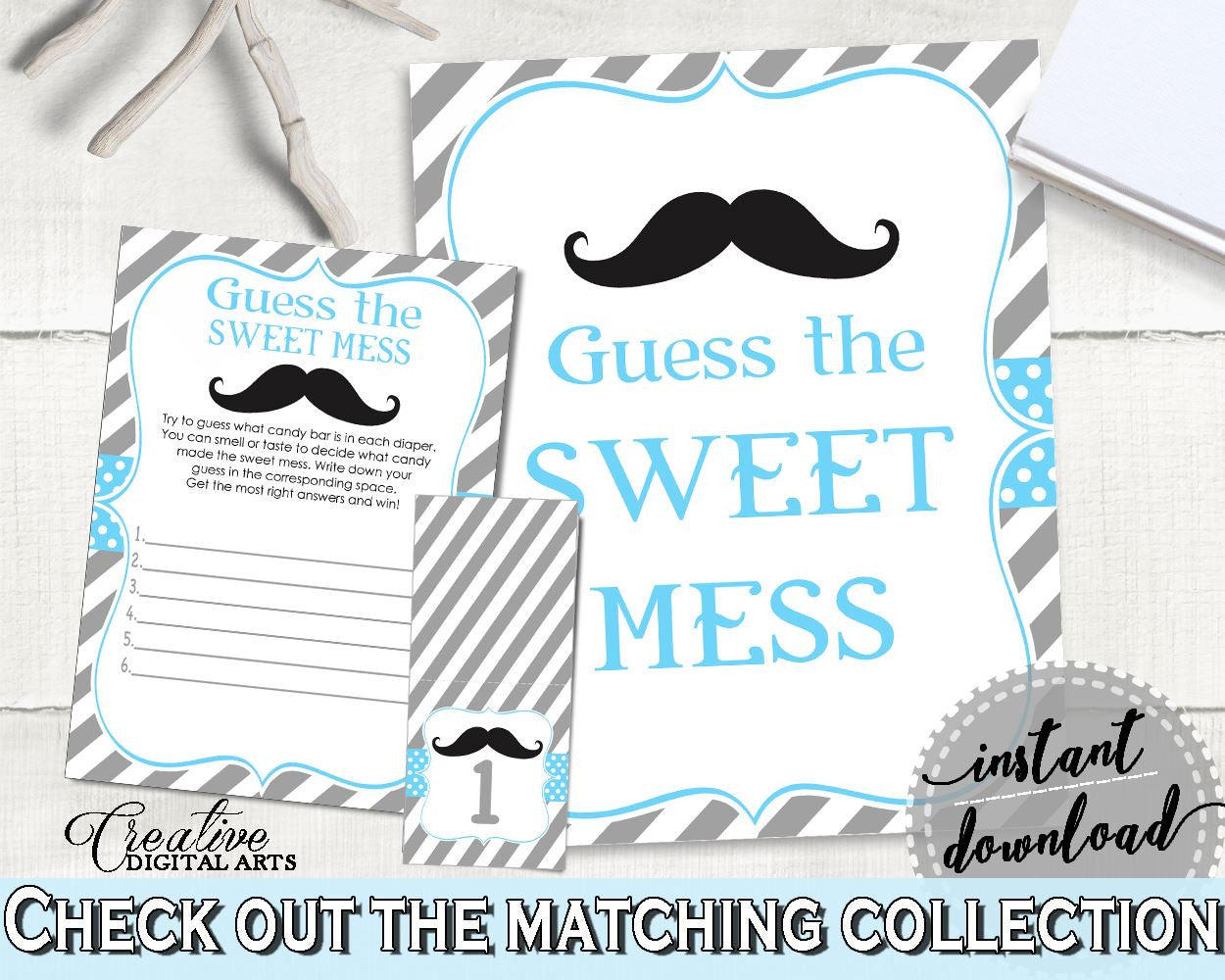 Sweet Mess, Baby Shower Sweet Mess, Mustache Baby Shower Sweet Mess, Baby Shower Mustache Sweet Mess Blue And Gray printable files - 9P2QW - Digital Product