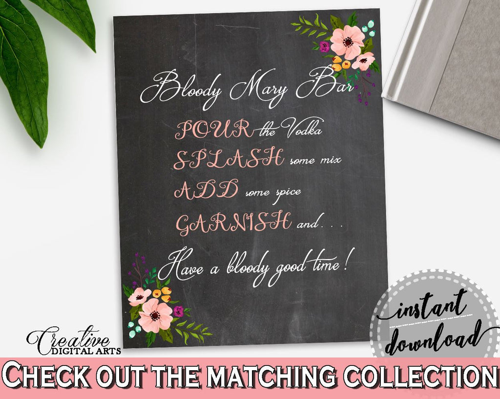 Chalkboard Flowers Bridal Shower Bloody Mary Bar Sign in Black And Pink, vodka mix, chalk floral bridal, party planning, party stuff - RBZRX - Digital Product