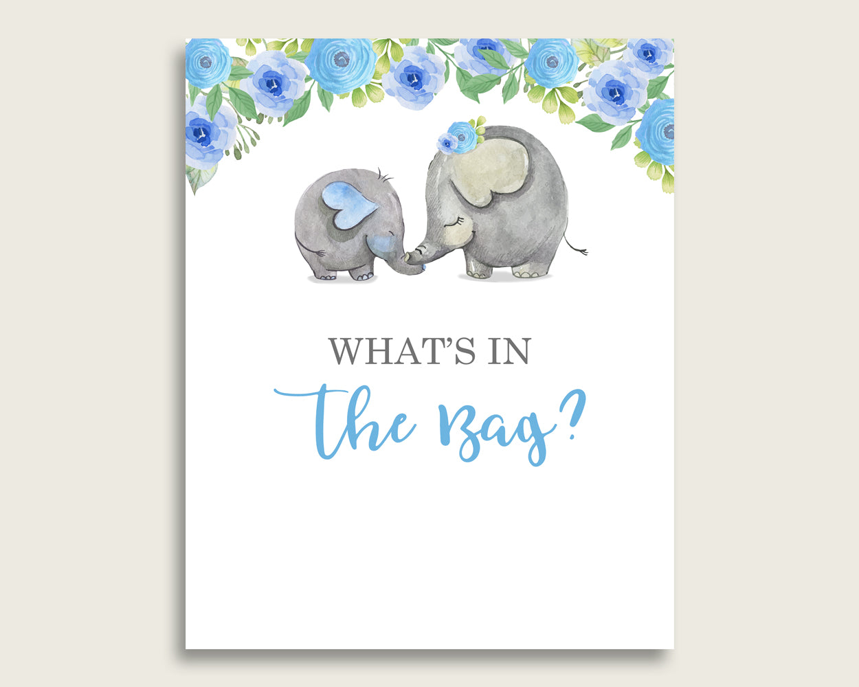 Elephant Blue Baby Shower What's In The Bag Game, Blue Gray Boy Bag Game Printable, Instant Download, Flowers Africa or Jungle ebl01