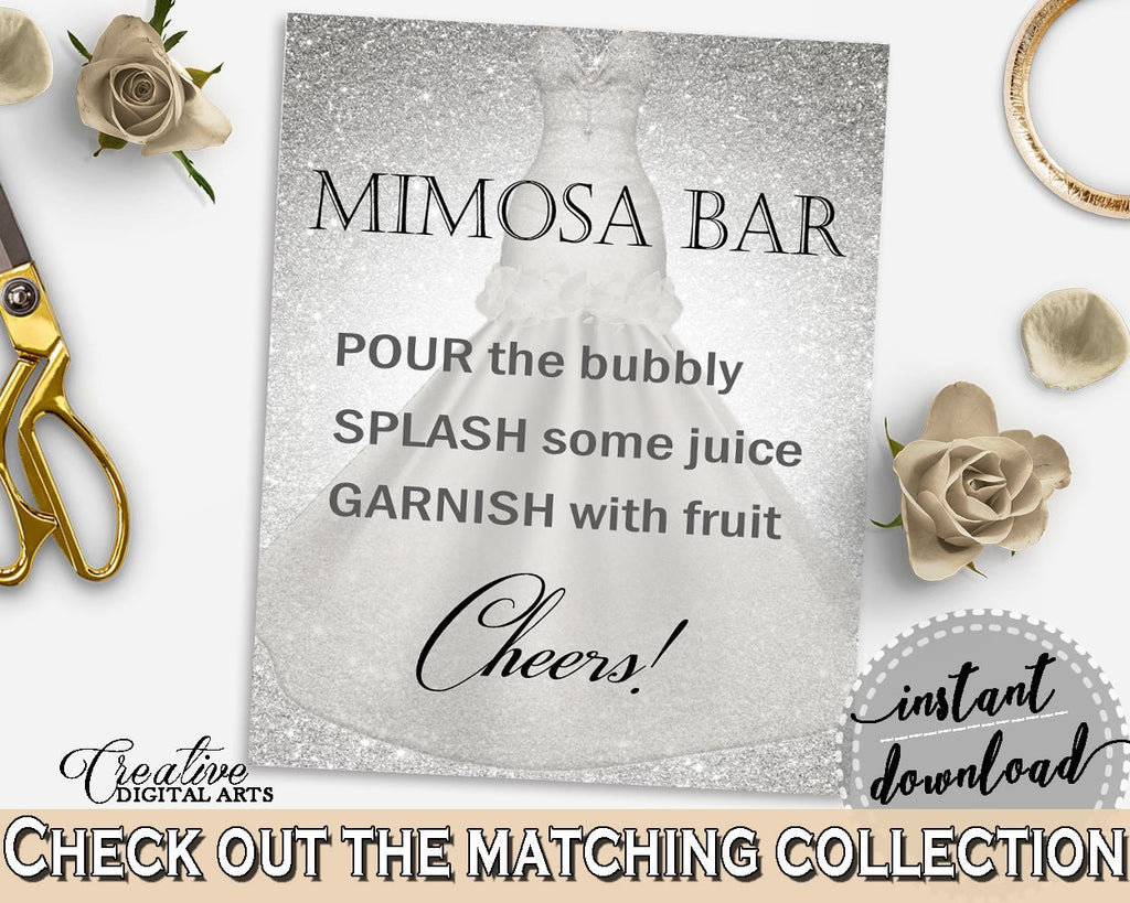 Silver And White Silver Wedding Dress Bridal Shower Theme: Mimosa Bar Sign - fruit, stylish bridal theme, party theme, party decor - C0CS5 - Digital Product
