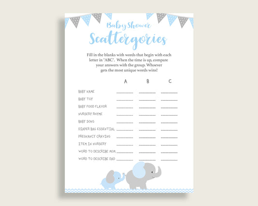 Scattergories Baby Shower Elephant Theme, Blue Grey Scattergories Game Printable, Boy Baby Shower Fun Activity, Chevron Theme Most ebl02