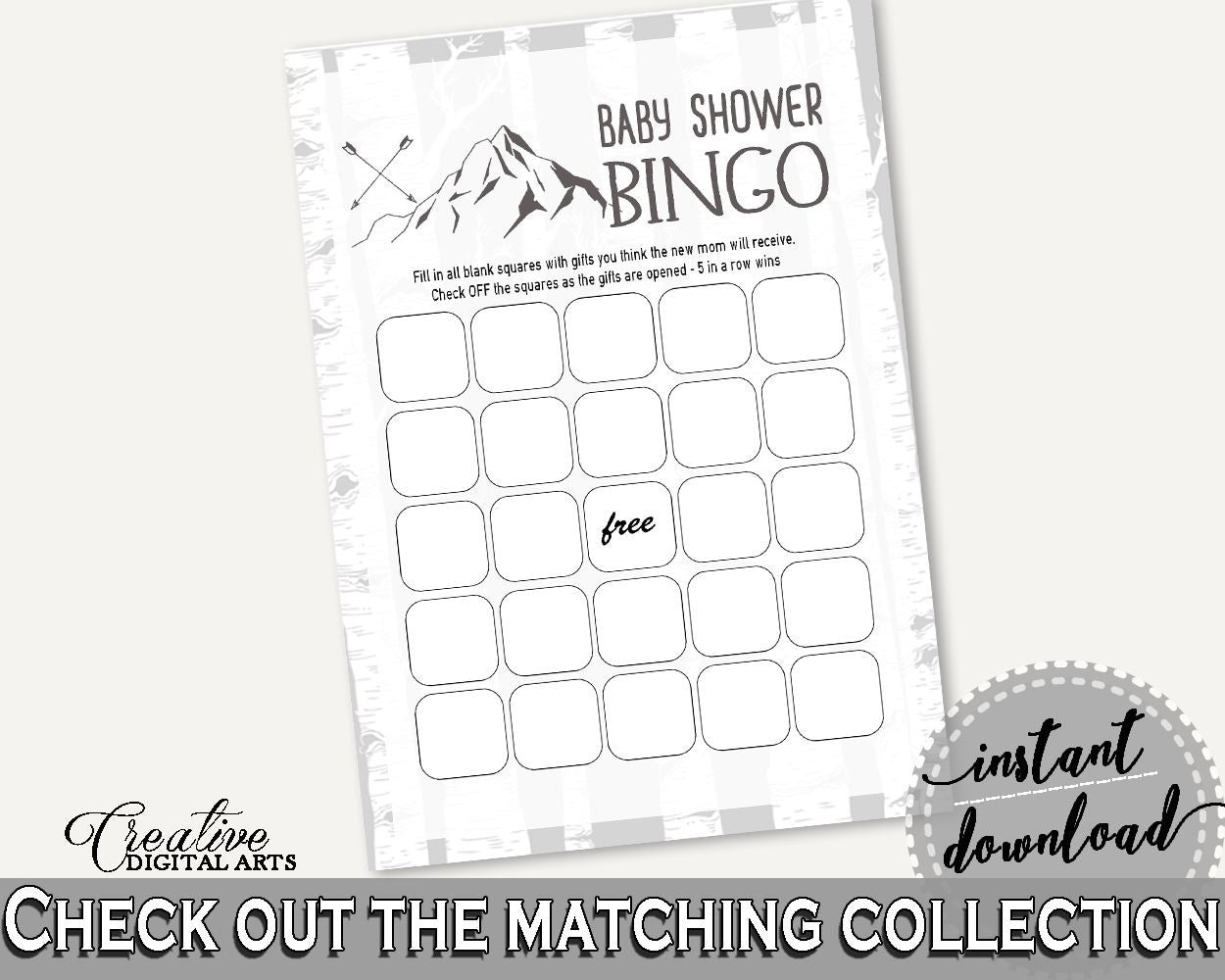 Empty Bingo Baby Shower Empty Bingo Adventure Mountain Baby Shower Empty Bingo Gray White Baby Shower Adventure Mountain Empty Bingo - S67CJ - Digital Product