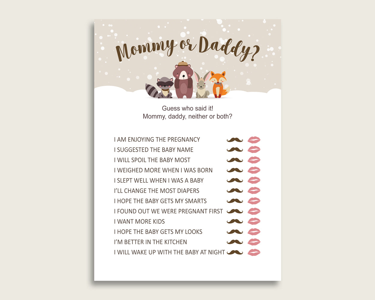 Beige Brown Mommy Or Daddy Baby Shower Gender Neutral Game Printable, Winter Woodland Guess Who Said It, He Said She Said, Instant RM4SN