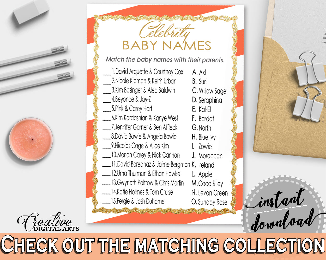 CELEBRITY BABY NAMES baby shower game with glitter gold and orange stripes theme, digital files, Jpg Pdf, instant download - bs003