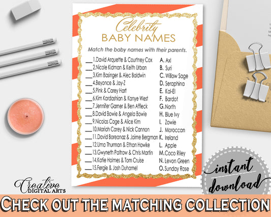 CELEBRITY BABY NAMES baby shower game with glitter gold and orange stripes theme, digital files, Jpg Pdf, instant download - bs003