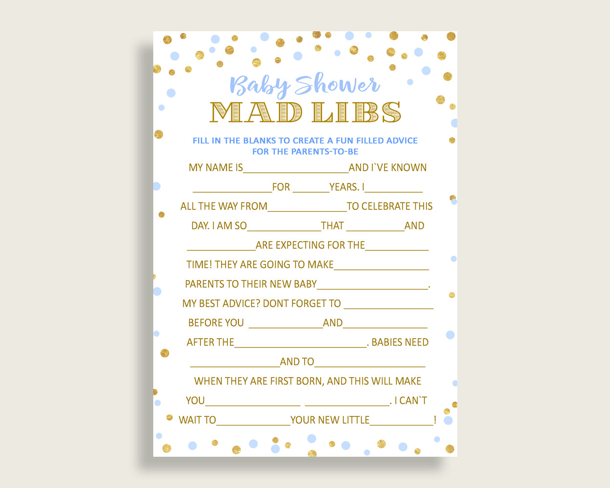 Mad Libs Baby Shower Mad Libs Confetti Baby Shower Mad Libs Blue Gold Baby Shower Confetti Mad Libs instant download printable cb001