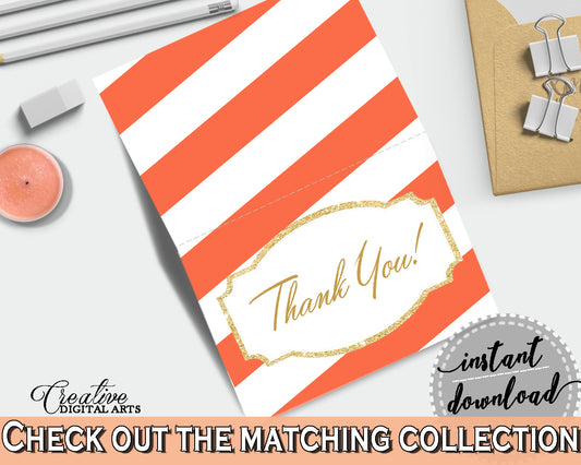 Baby shower party glitter gold THANK YOU card printable in orange stripe theme for girls or boys, digital jpg pdf, instant download - bs003