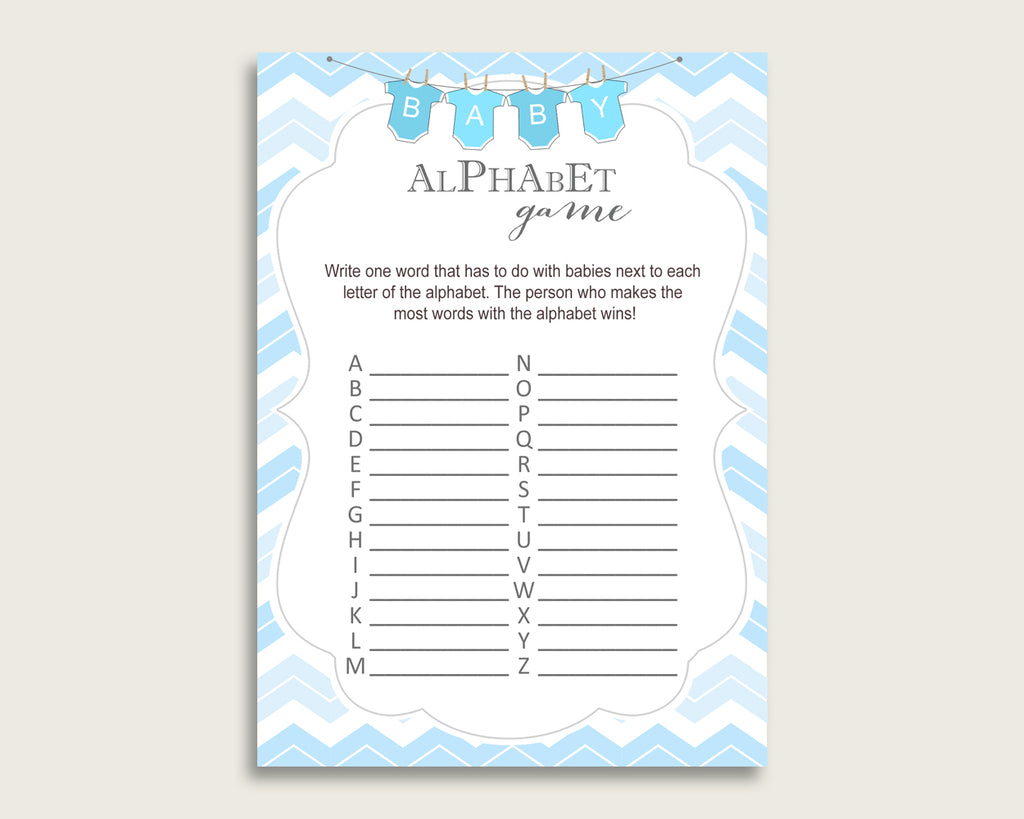 Blue White Alphabet Baby Shower Boy Game, Chevron A-Z Guessing Baby Game Printable, ABC's Baby Item Name Game, Instant Download, cbl01